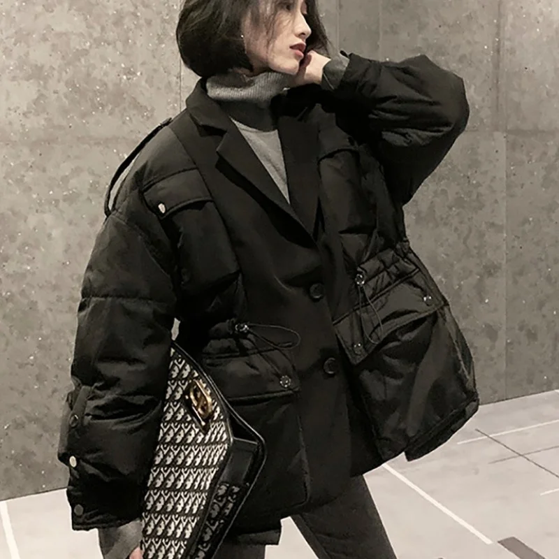 

Down Female Coat Multi-Pockets Single-Breasted Spliced Suit-Collar Drawstring Korean Style Loose Jacket Women Streetwear Winter