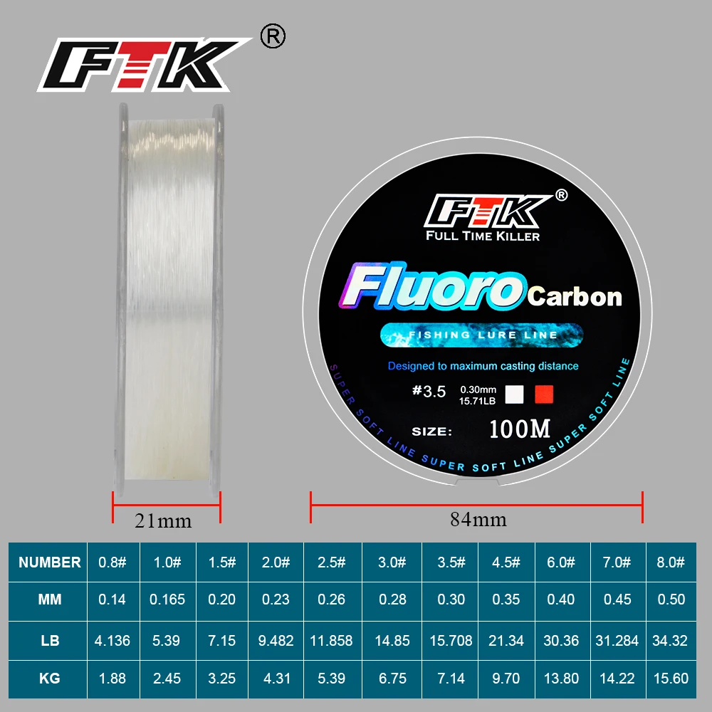 FTK 100M Fluorocarbon Coating Fishing Line 4.14LB-34.32LB Carbon Fiber Monofilament Leader Line Carp Fishing Sinking Line