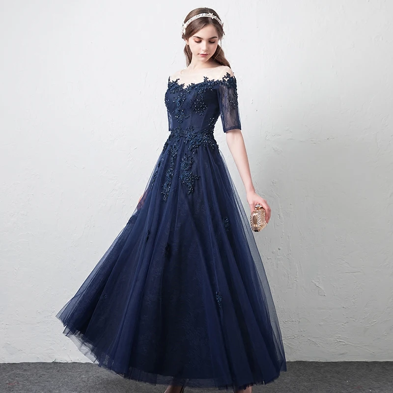 Robe de soiree Navy Blue A Line Boat Neck Beading Long Evening Dresses Elegant Tulle vestido de festa Banquet Party Prom dresses