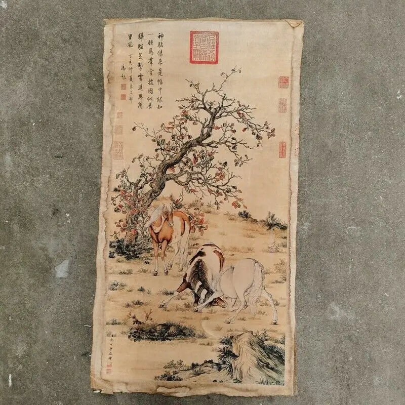 

Old Chinese painting scroll " Lang Shi ning horse" painting paper slice