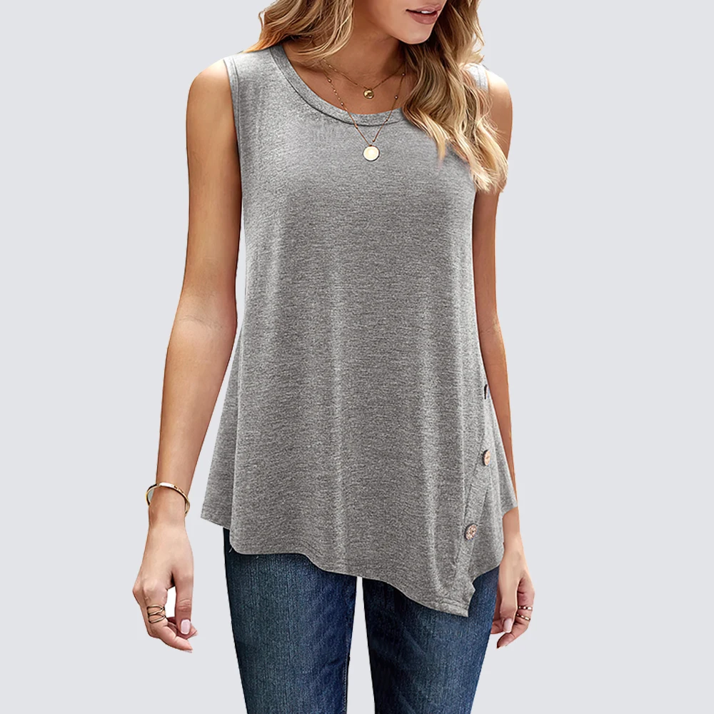 

Women Summer Casual Solid Color O Neck Sleeveless Asymmetrical Hem Tops with Decorative Buttons 1HT037