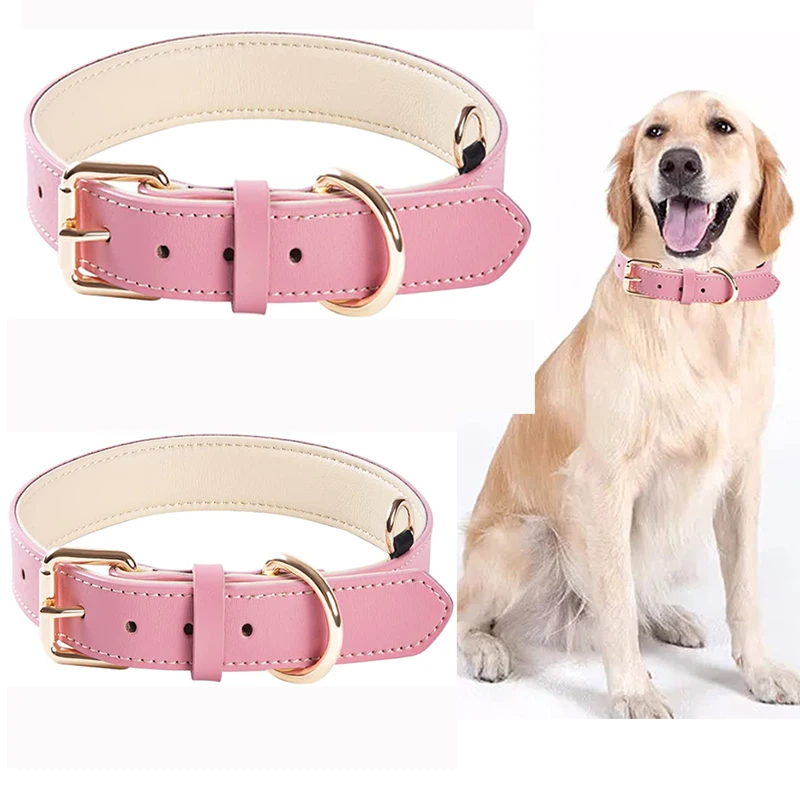 Real Leather Dog Collar for Puppy, Small, Medium and Large Breed Dogs Soft Padded Dog Collars pink color