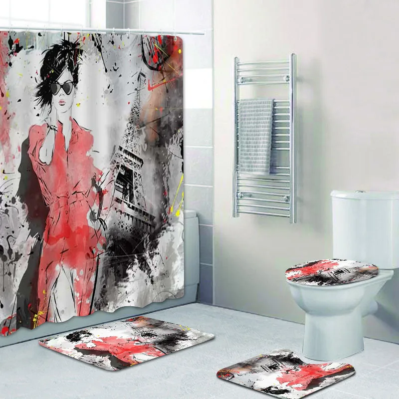 Grunge Sketch Fashion Girl with Paris Tower Shower Curtain and Bathroom Mat Set Elegant Woman Sexy Lady Portrait Art Decor Gift