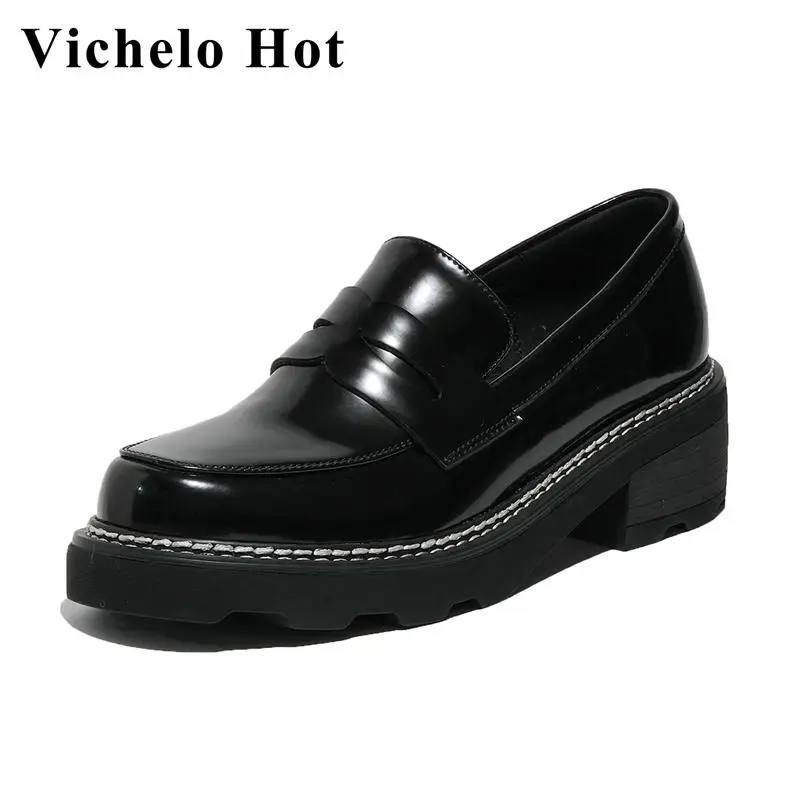 

Vichelo Hot England loafers patchwork breathable round toe slip on waterproof non-slip med heels sewing spring classic pumps l64