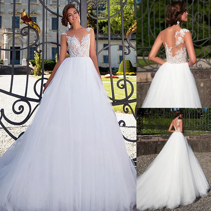 

Princess O Neck Wedding Dresses 2020 Appliques Lace A-line Tulle Sleeveless Bridal Gown Backless Vestidos de Noivas Custom Made