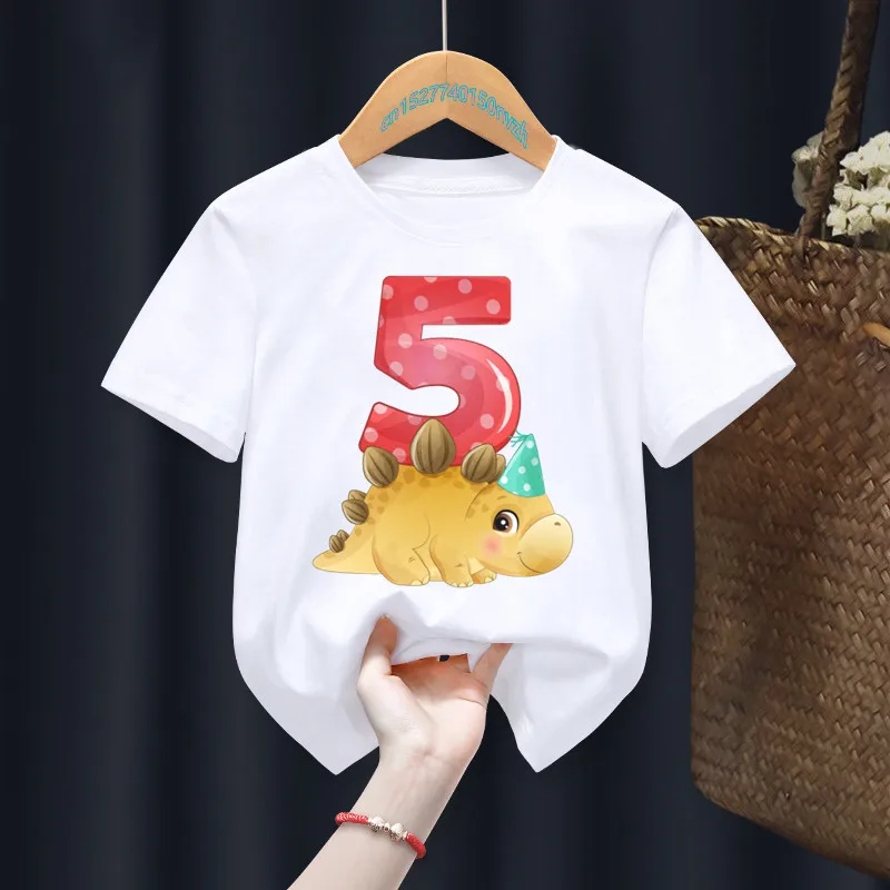 Cute Cartoon Dinosaur Birthday Number 1-10th Fixed printing Baby Kid Customer T-shirt Children Birthday Girl Present Clothes