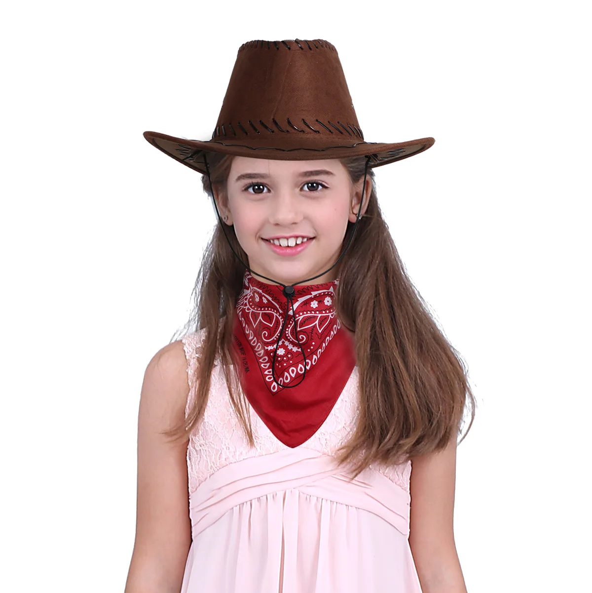 Kids Halloween Cosplay Cowboy Party Costume Accessory Western Cowboy Felt Drawstring Hat Caps with Bandanna Head Scarf Set