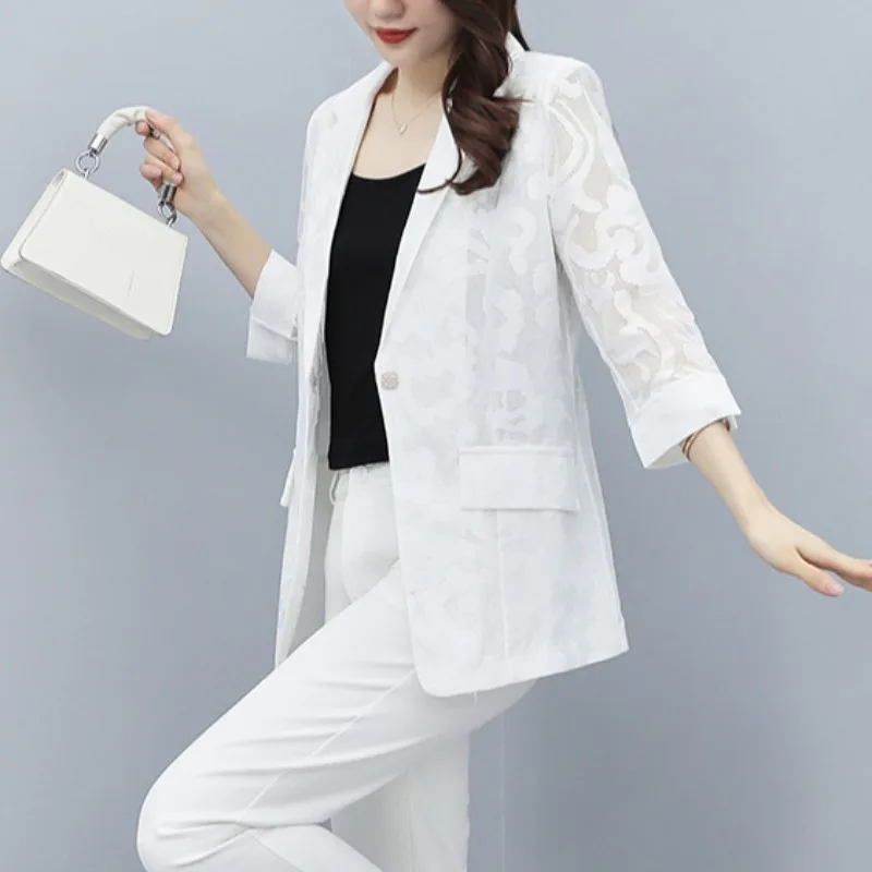 여성 레이스 블레이저 2022 봄 여름 솔리드 컬러 슬림 자켓 Office Lady Outwear Clothing Tops