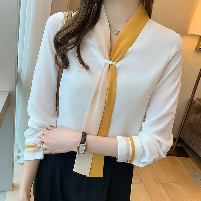 Patchwork Color-blocking Suit Collar Chiffon Blouses Commuter Women's Clothing 2023 Fashion Elegant Office Lady Work Wear Shirts