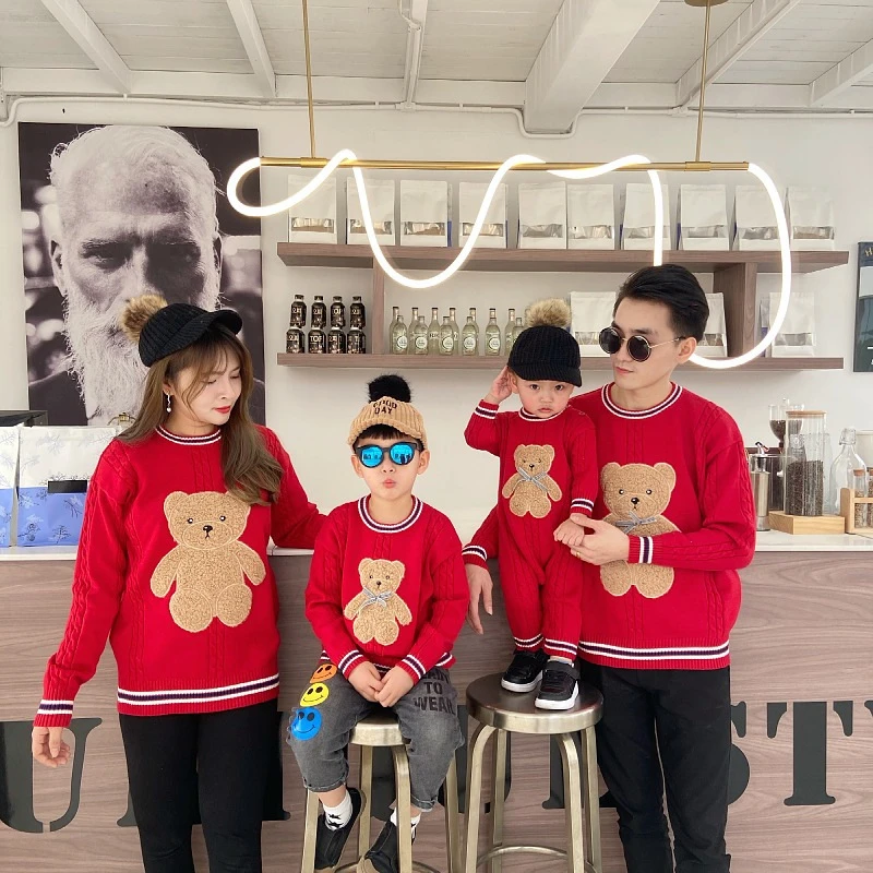 2022 Spring and Autumn New Year's Greeting Clothes Bear College Style Parent-Child Christmas Jumpsuit Chinese Red Fashion Unisex