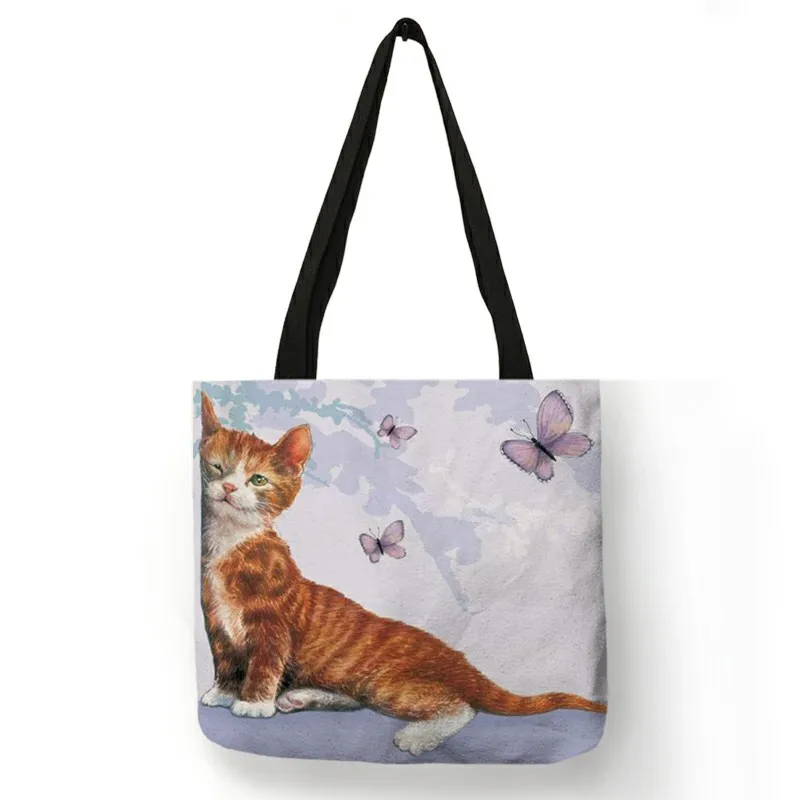 Cute Watercolor Pastoral Cat Painting Leisure Tote Bag Eco Linen Shopping Bags Reusable Fodable Outdoor Traveling Beach Handbag