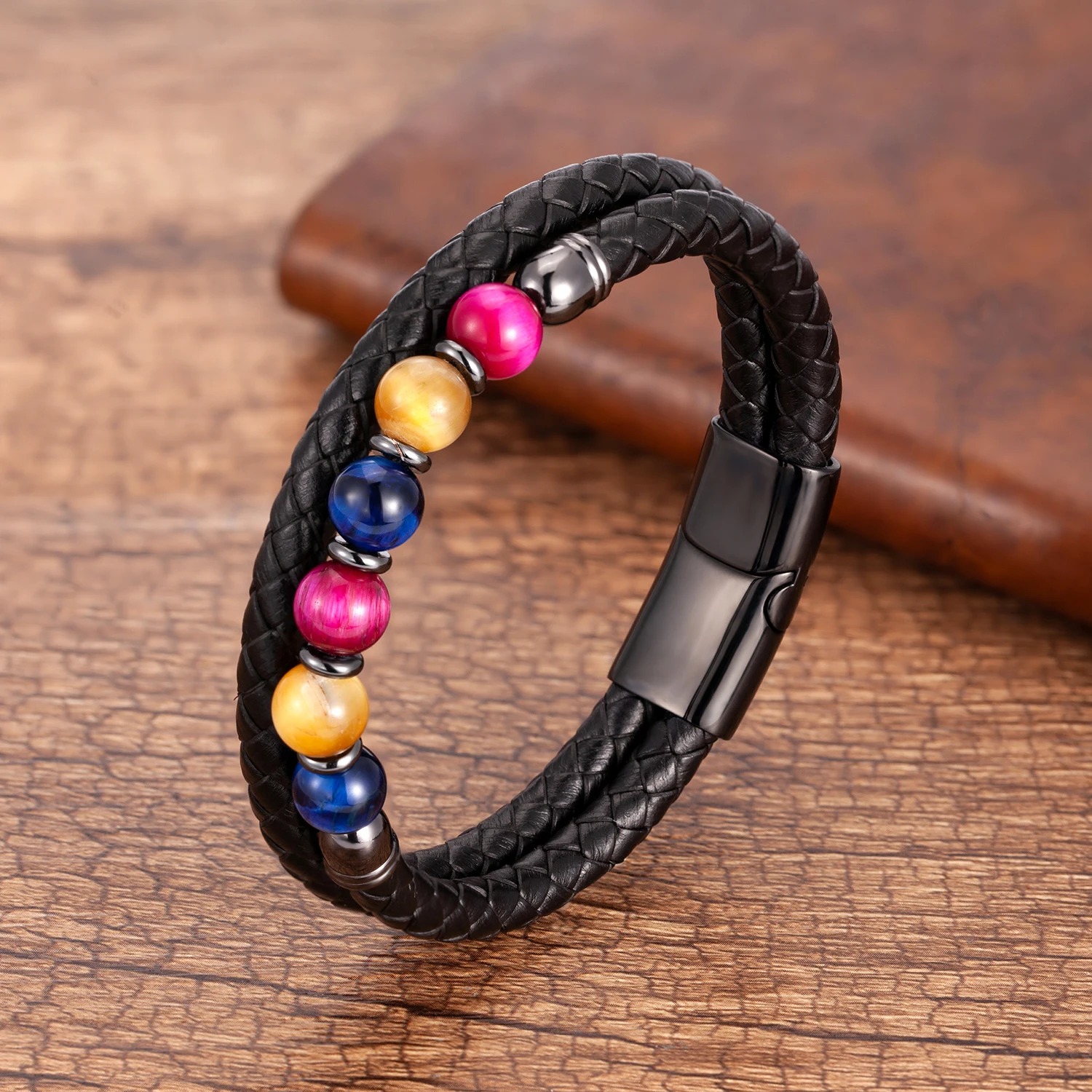 Modischer Herrenschmuck, Charm-Armband mit runden Steinen für Männer, bunte Tigerauge-Perlen, schwarze Lederkette, Armreif, Geschenk für Männer – Detail 5