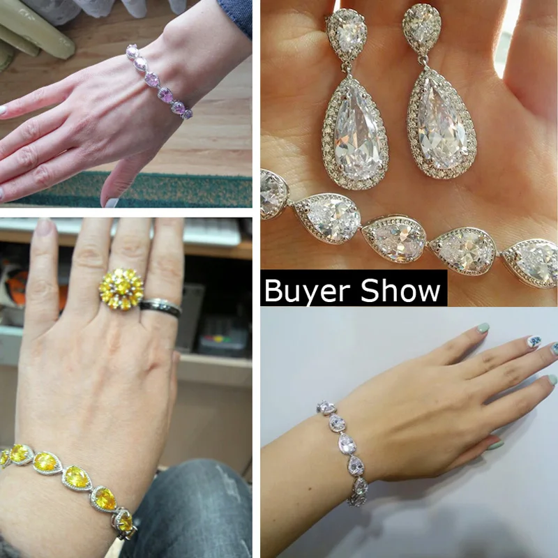 Pera Luxury Wedding Party Jewelry Silver Color Big Water Drop White CZ Crystal Chain Link Bracelets Bangles for Bridesmaid B001