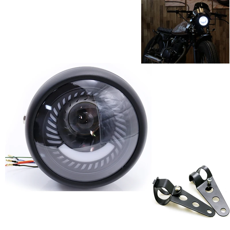 Retro Black Motorcycle Head Lamp Vintage LED New Motorbike Headlight Bracket Scooter Round Headlamp Moto Universal Front Light