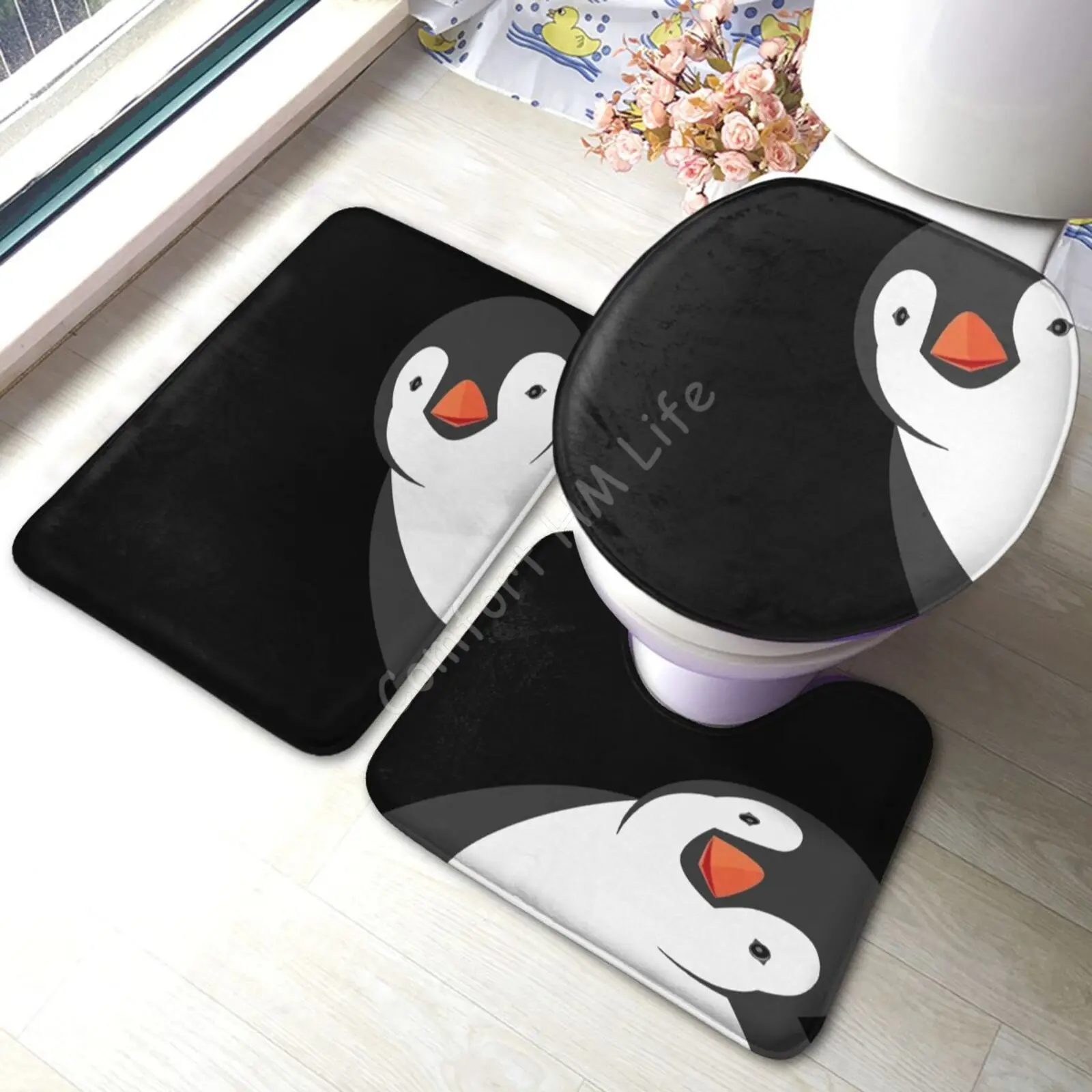 Cute Penguin 3D Bath Mat Toilet Three-piece Set Carpet Waterproof Bathroom Carpets Toilet Seat Cover Floor Mat Bathroom Decor