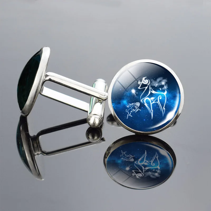 Handmade Fashion Simple Disign 12 Zodiac Signs Cufflinks Horoscope Glass Cabochon Silver Plated Cufflinks Men Shirt Accessories