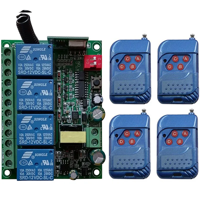 

Universal AC110V 220V 230V 10A Relay 4CH 4 CH Wireless RF Remote Control Switch Transmitter+Receiver Module,315 / 433 MHz