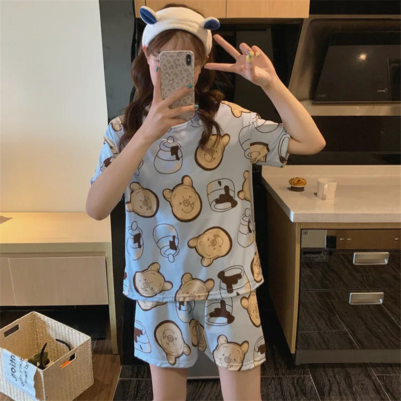 Disney summer pajamas Women cartoon bear Mickey print student thin short-sleeved cute shorts two-piece suit home service pajamas