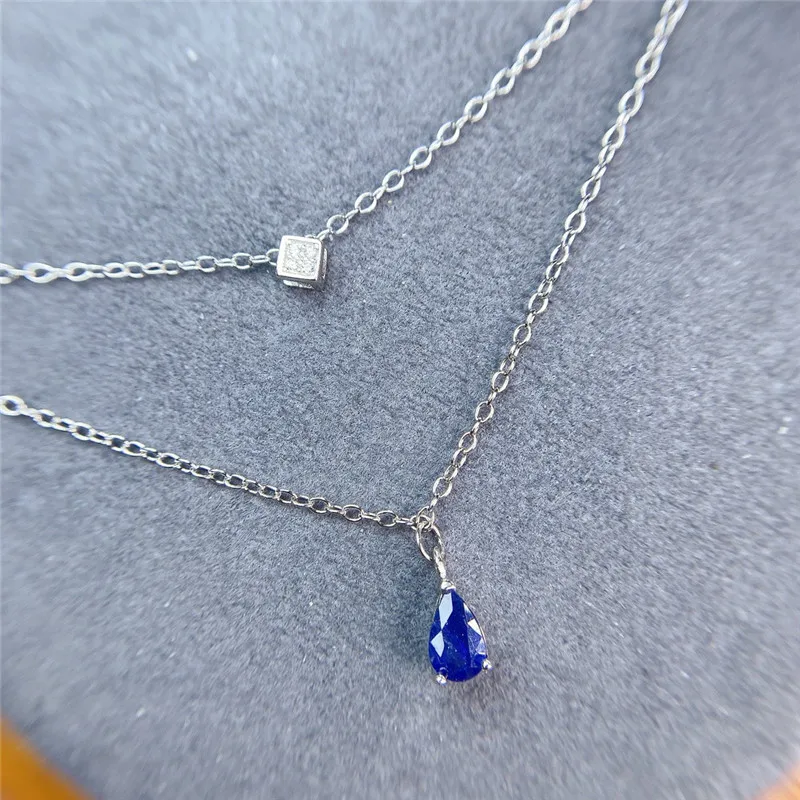 Natural Sapphire Necklace 4*6MM Genuine Blue Gemstone Simply Design Fine Jewelry for Young Girl Gift Real 925 Sterling Silver