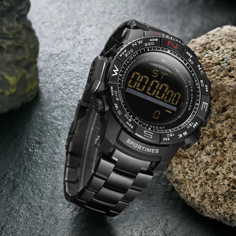 Mizums-reloj deportivo Digital LED para hombre, cronógrafo dorado con alarma de banda de acero inoxidable, resistente al agua