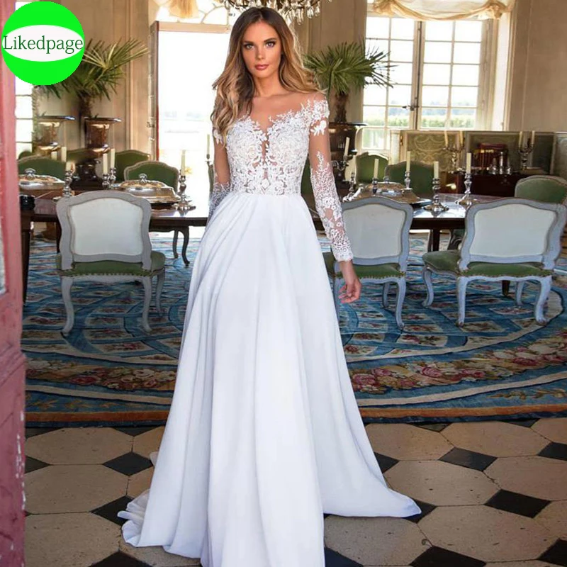 Áo Tay Dài Đi Biển Áo Cưới Đời Boho 2021 Vestidos De Novia Ren Appliques Cô Dâu Đồ Bầu Một Dòng Gợi Cảm Dây Mariage Boda trouwjurk