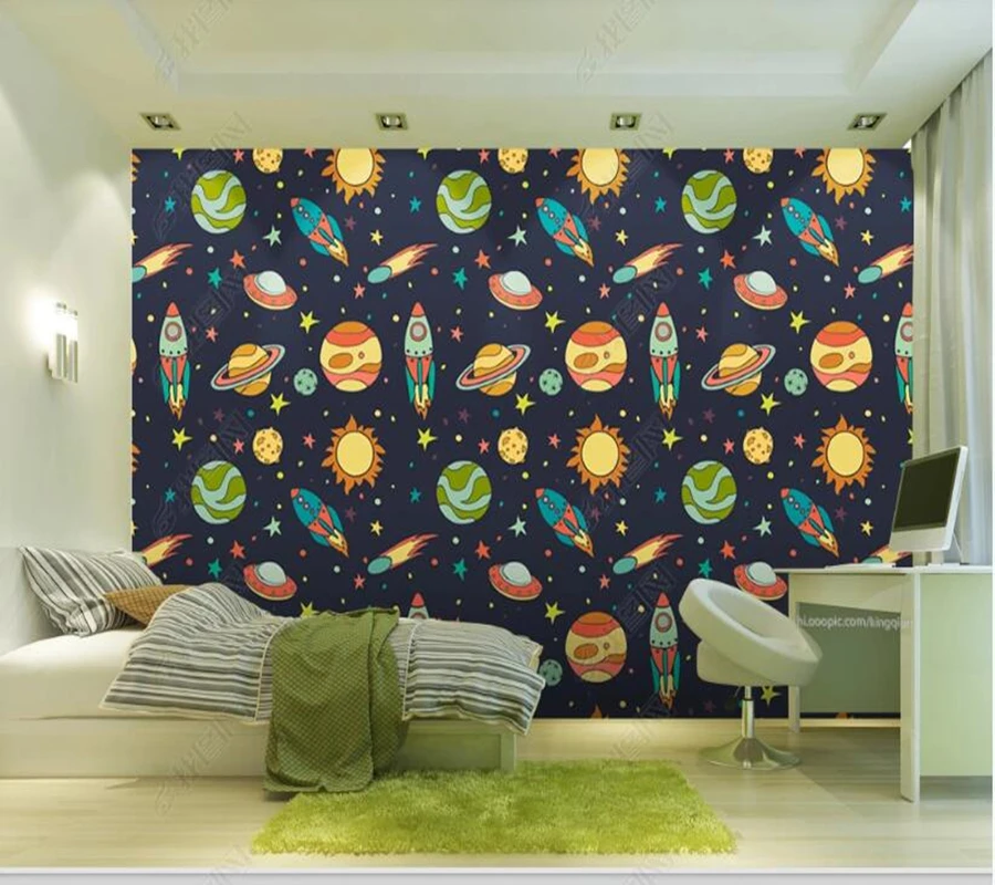 Papel de parede Fantasy cartoon space planet spaceship 3d wallpaper mural, bedroom wallpaper home decoration