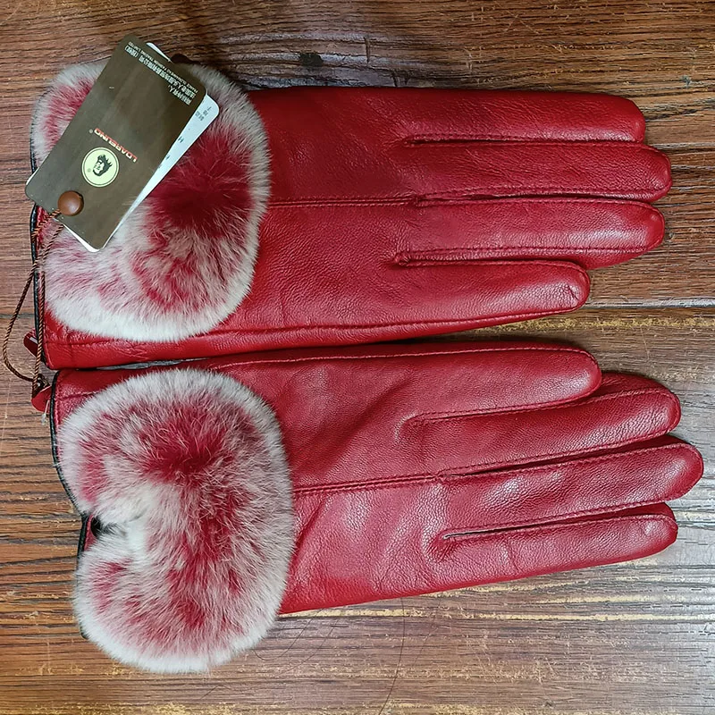 Winter Women Genuine Sheepskin Leather Gloves With Rex Rabbit Fur Trimming Fashion Warm Female Hand Warmer Femme Gloves