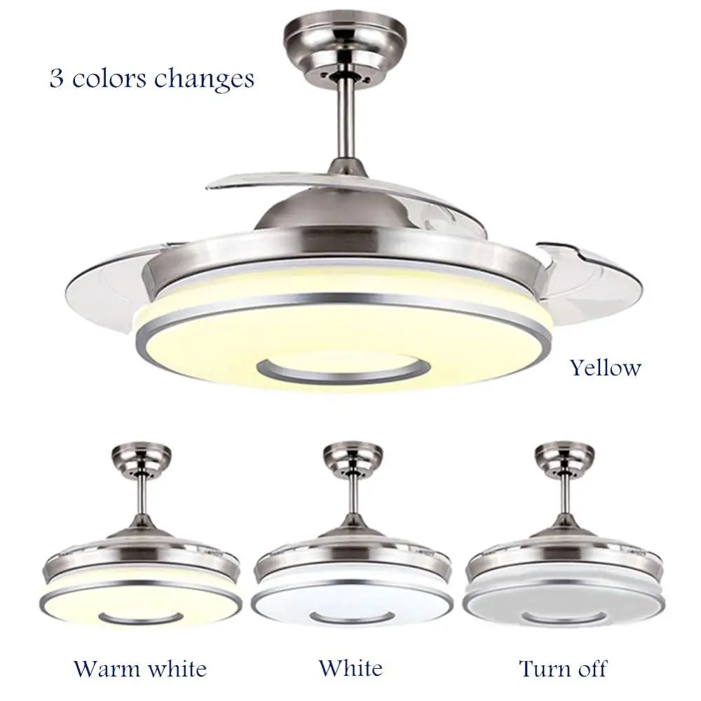 Ceiling Fan with Lights Remote Control Retractable Blades 42” LED Chandelier Three Speeds Three Color Changes Lighting Fixture