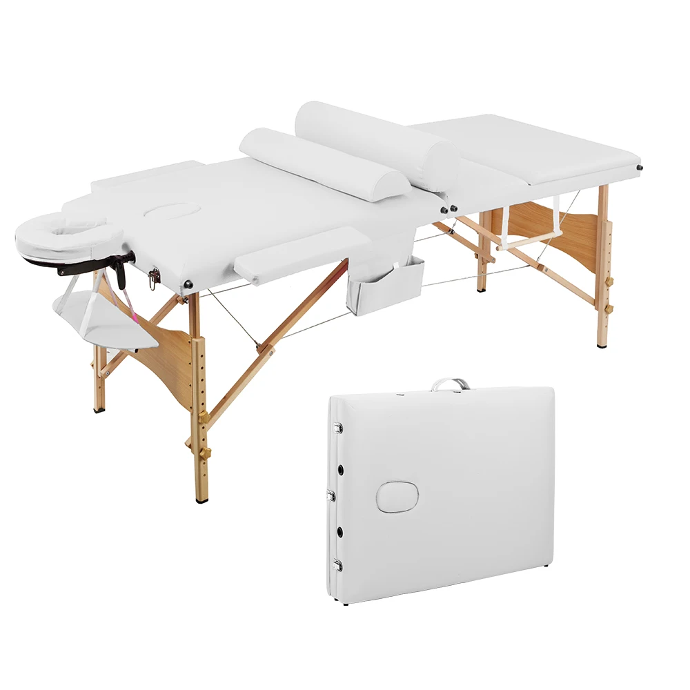 3 Sections Folding Portable Beauty Bed SPA Bodybuilding Massage Table Set White/Black 212x70x85CM Salon Furniture[US-Depot]