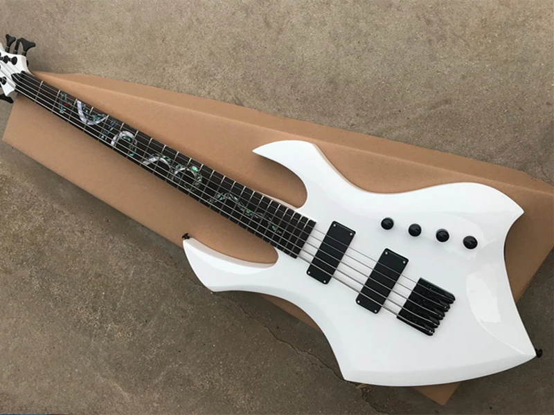 White body 5 strings Electric Bass Guitar with Colorful Pearl Snake Pattern,Black hardware,Active pickups,Rosewood fingerboard