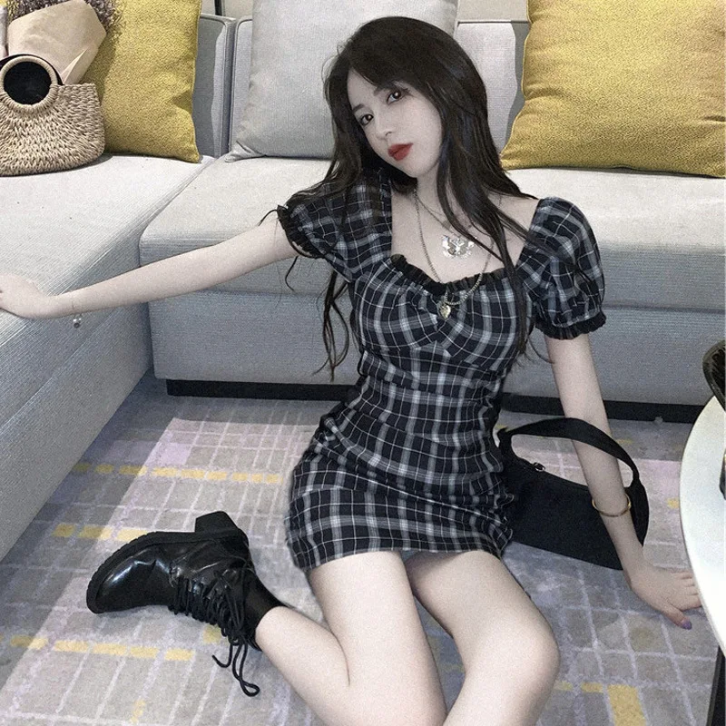 

Women Dress New Plaid Summer Designer Chiffon Preppy Style Square Collar lace Mini Dress Short X Pullover Girls dress All-match