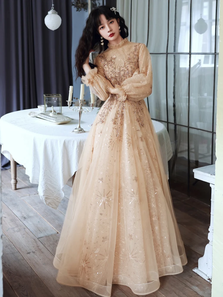 Modest Evening Dresses With Long Sleeves Luxury Appliquies Sequin Tulle Women Dresses Evening 2021