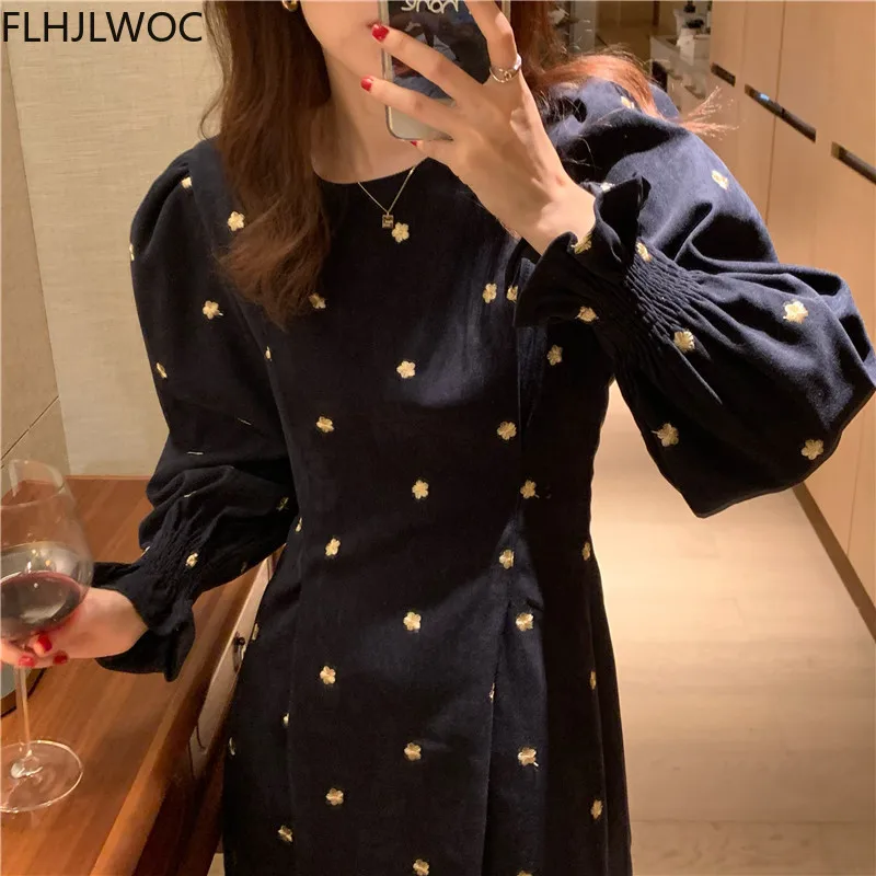 2021 Hot Sales Fenimine Vestidos Women Long Sleeve Office Lady White Dot Floral O Neck Retro Vintage Dress