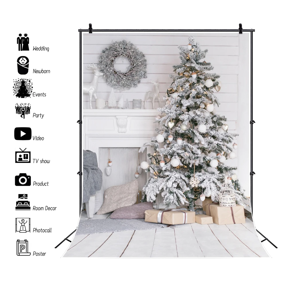 Laeacco Merry Christmas Festivals Tree White Brick Wall Floor Scene Background For Photography Gift Baby Child Photo Backdrop