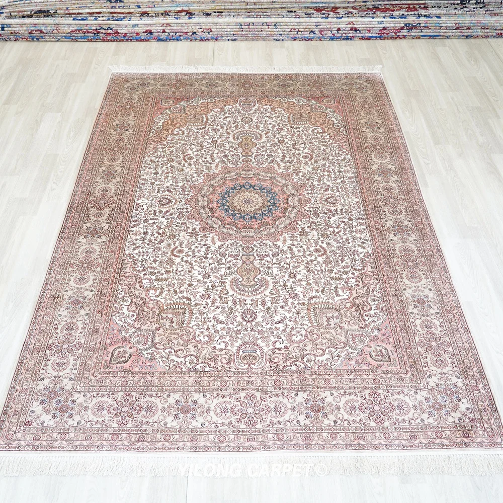 Yilong 6'x9' Handmade Pink Carpets Ivory Antique Medallion Silk Rug (YHW440A)