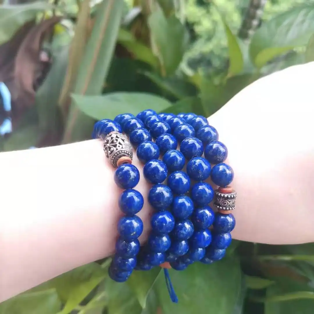 Natural lapis lazuli silver olive core multi-circle bracelet Necklac rosary Buddha 108 bead Man Woman Jewelrye pulseiras feminin