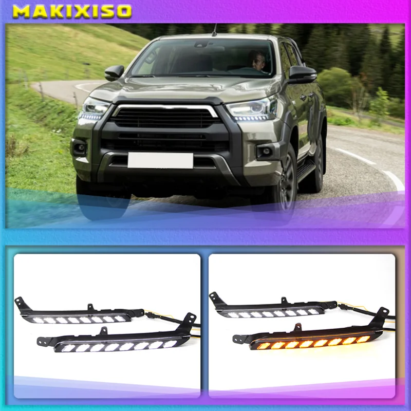 

2PCS Car LED Headlight Daytime Running Light For Toyota Hilux Revo Rocco 2020 2021 Turn Yellow Signal DRL Daylight