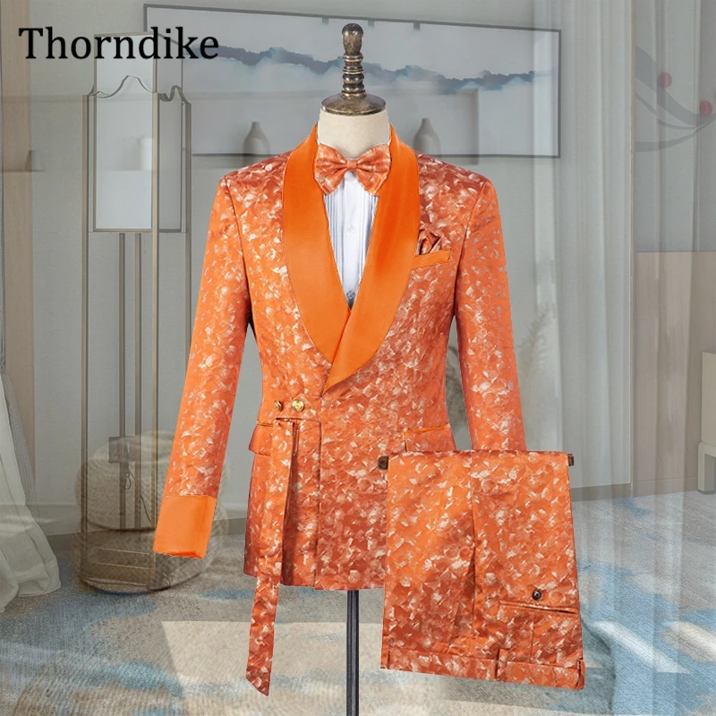 Thorndike Mens Orange Suits Wedding Party Slim Fit Tuxedos Suit for Men Suit 2pcs Blazer Jacket Pants Set Costume Homme Slim Fit