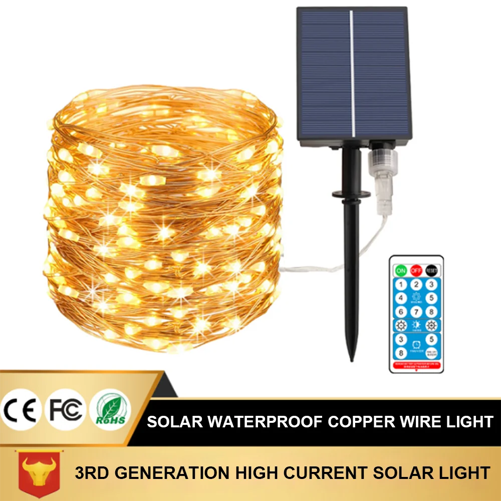 Nieuwe Derde Generatie Slimme En Efficiënte Led Afstandsbediening Zonnepaneel Kerst Outdoor Waterdichte Koperdraad String Lights