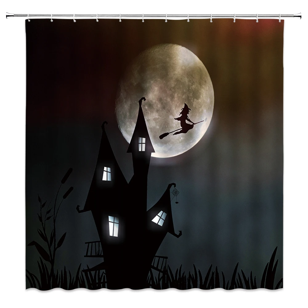 Halloween Shower Curtains Funny Horror Theme Party Decor Witch Castle Moon Night View Bathroom Decor Polyester Fabric Curtain