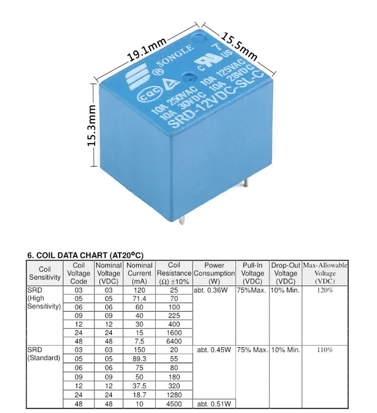 Relay SRD-03V 05V 09V 12V 24VDC-SL-A -SL-C 4 feet 5 feet 10A