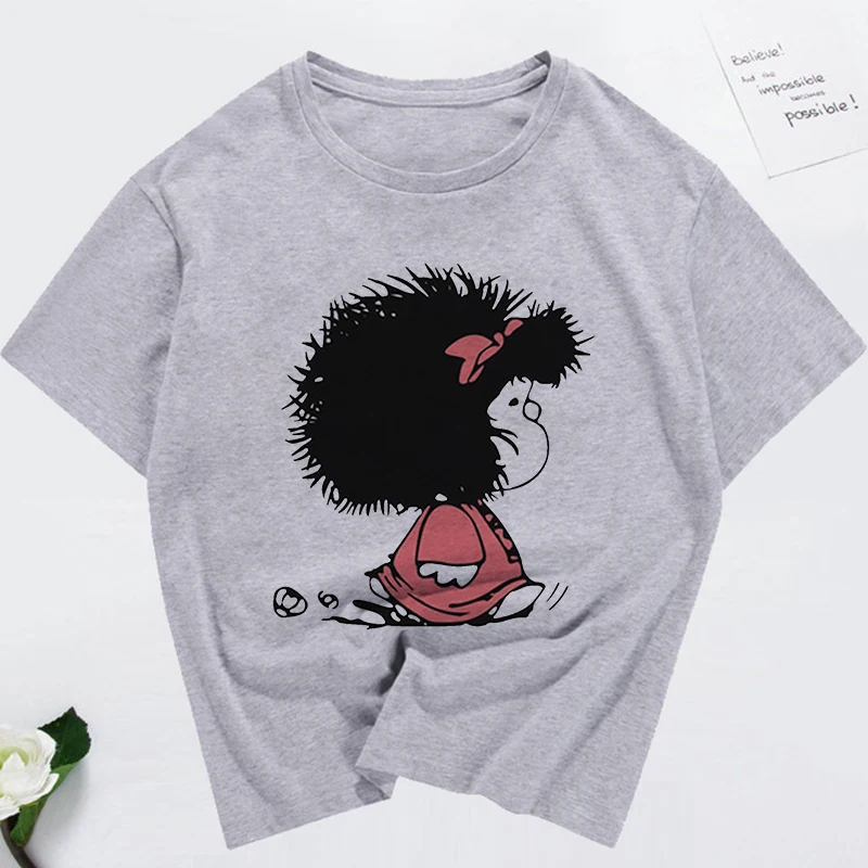 Mafalda Kawaii Graphic Print T-shirt Women Harajuku Aesthetic Gray Tops Tshirt Tee Anime Style Koop Fashion Cute Female T Shirt