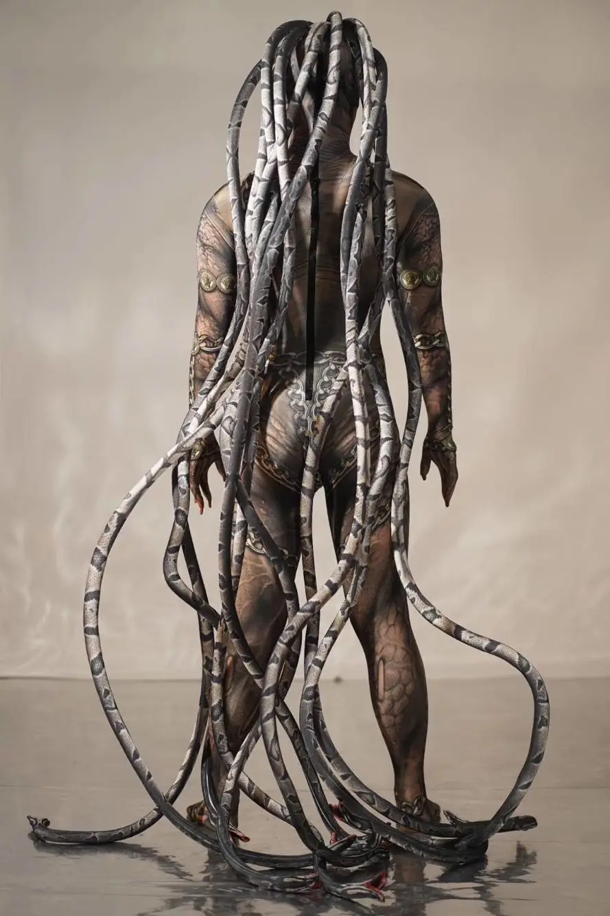 Stage show catwalk model Cool men Medusa Siamese bodysuit Halloween party event print alien snake costumes cosplay party suit