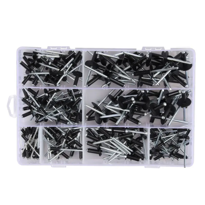 Imagem -02 - Assorted Black Aluminum Alloy Blind Rebites Flange Padrão e Grande Tool Part Kits Flanges Padrão Novo 818 mm 200 Pcs Set