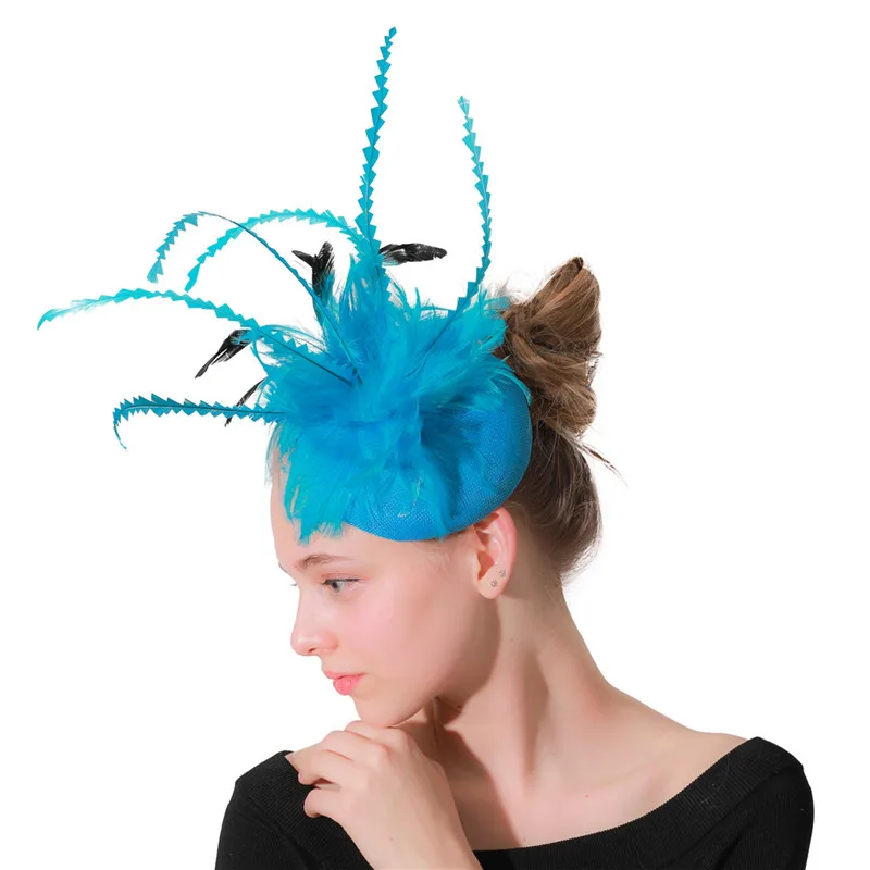 

Sea Blue Fancy Feather Hair Fascinator Hat Hair Pin Bridal Show Hair Accessories Women Elegant Party Wedding Headpiece Cocktail