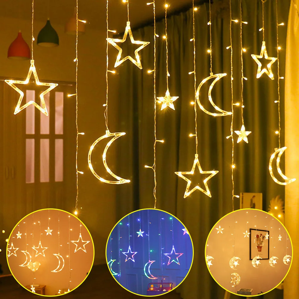 8 Lighting Modes Twinkle Star Moon LED Window Curtain String Lights Wedding Bedroom Decoration Ramadan Backdrop Christmas Lights