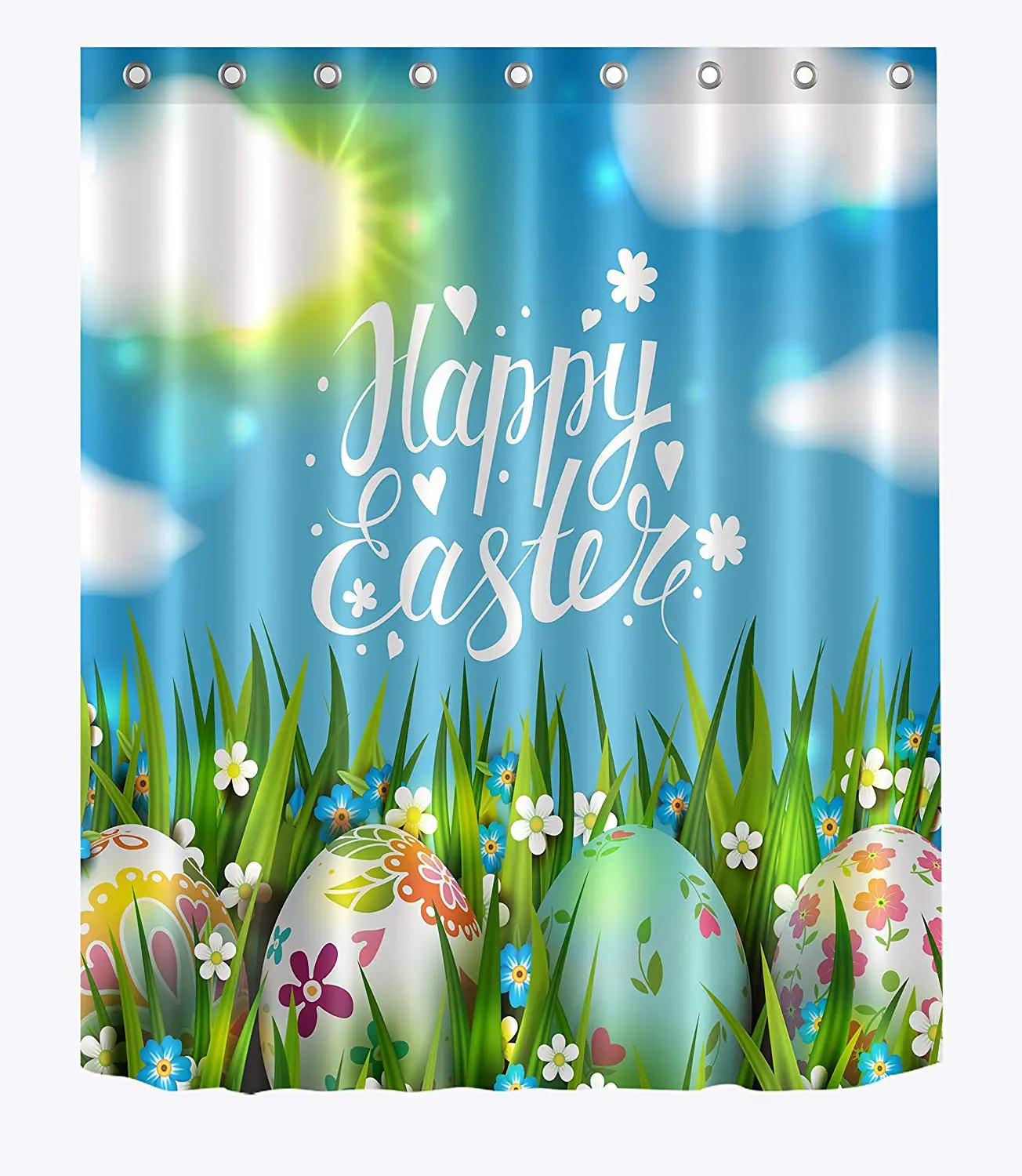 Happy Easter Colorful Eggs Flowers in Grass Artwork Spring Festival Shower Curtains