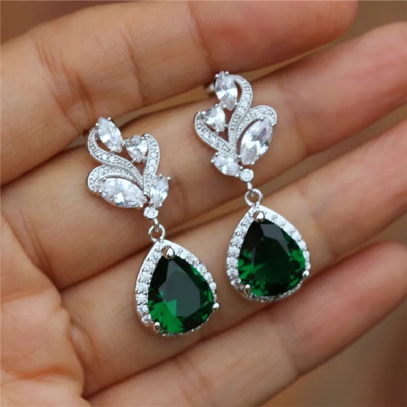 Huitan Aesthetic Green Pear CZ Drop Earrings Women Wedding Engagement Accessories Noble Lady\'s Earrings for Party Trendy Jewelry