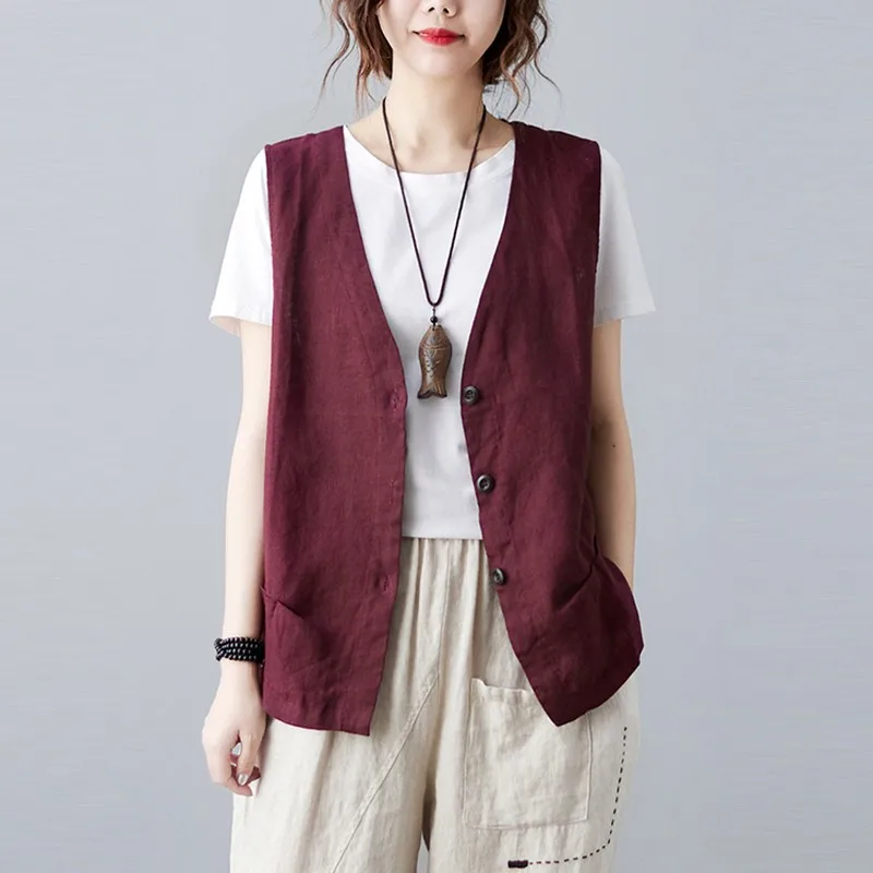 Women Cotton Linen Casual Vests Jackets New Arrival 2021 Summer Vintage Style V-neck Solid Color Loose Female Vest Coats B267