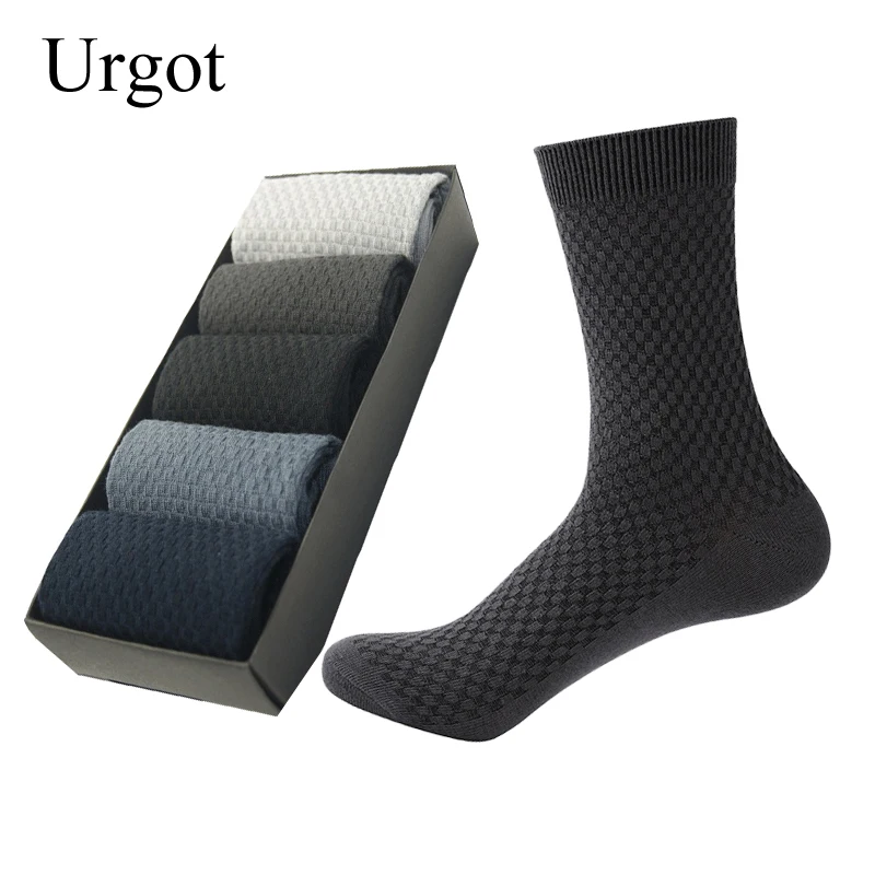 

Urgot 5 Pairs Men Bamboo Fiber High Quality Solid Color Business Comfortable Breathable Deodorant Casual Socks Checkered No Box